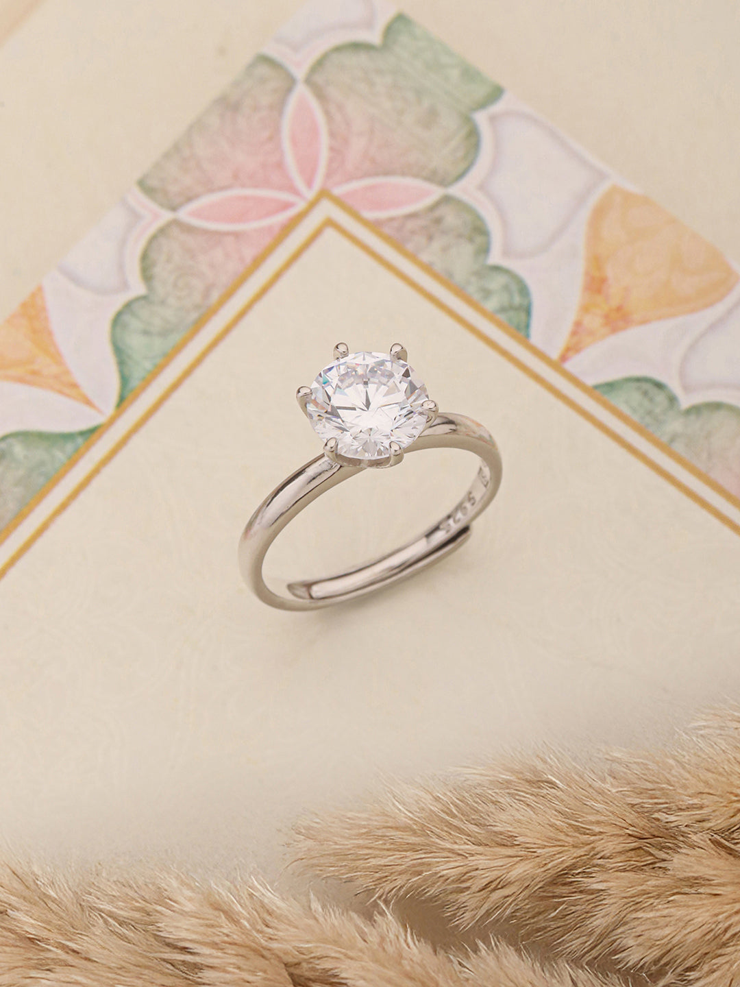 925 Sterling Silver AD Studded Solitaire Engagement Adjustable Finger Ring